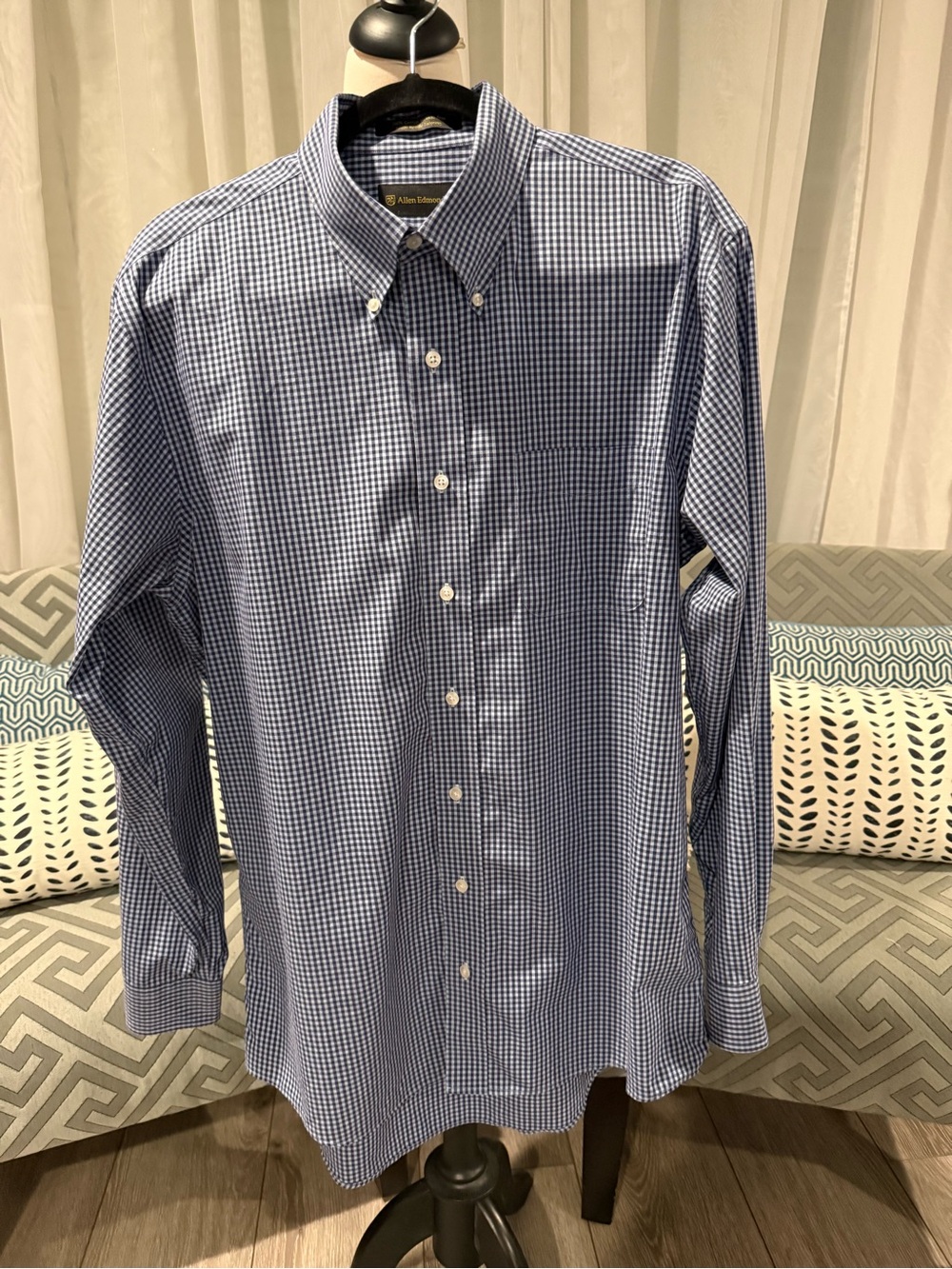 Allen Edmunds Blue Gingham Check Button Down Shirt, Extra Large